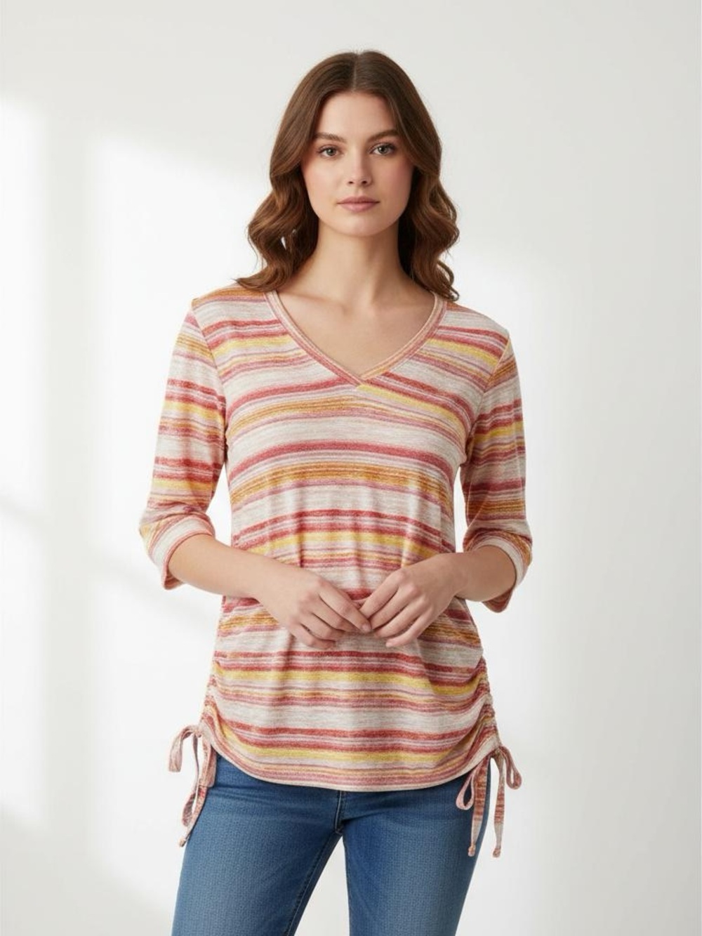 Democracy Sunset Stripe Slub Ruched V-Neck Top Knit Tee Side Tie Medium Pastel